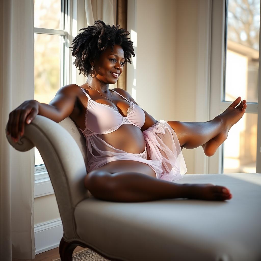 A Black woman in her mid-60s with deep brown skin and tightly coiled natural hair reclines comfortably on a chaise near a window, dressed in delicate soft lavender transparent lingerie that enhances her beauty