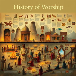 A detailed and visually captivating timeline illustrating the history of worship across various cultures and religions