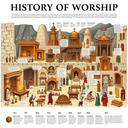 A detailed and visually captivating timeline illustrating the history of worship across various cultures and religions