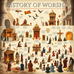 A detailed and visually captivating timeline illustrating the history of worship across various cultures and religions