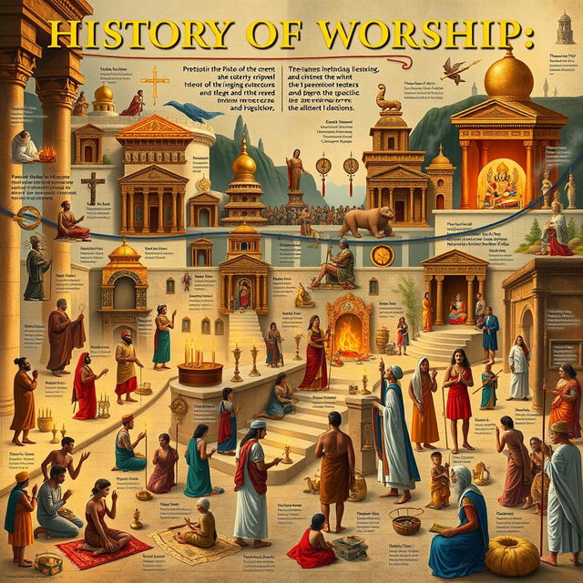 A detailed and visually captivating timeline illustrating the history of worship across various cultures and religions