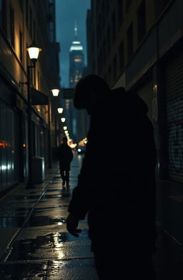 A suspenseful scene depicting a lurker in the shadows of a bustling city street at night, with dim street lamps casting long shadows
