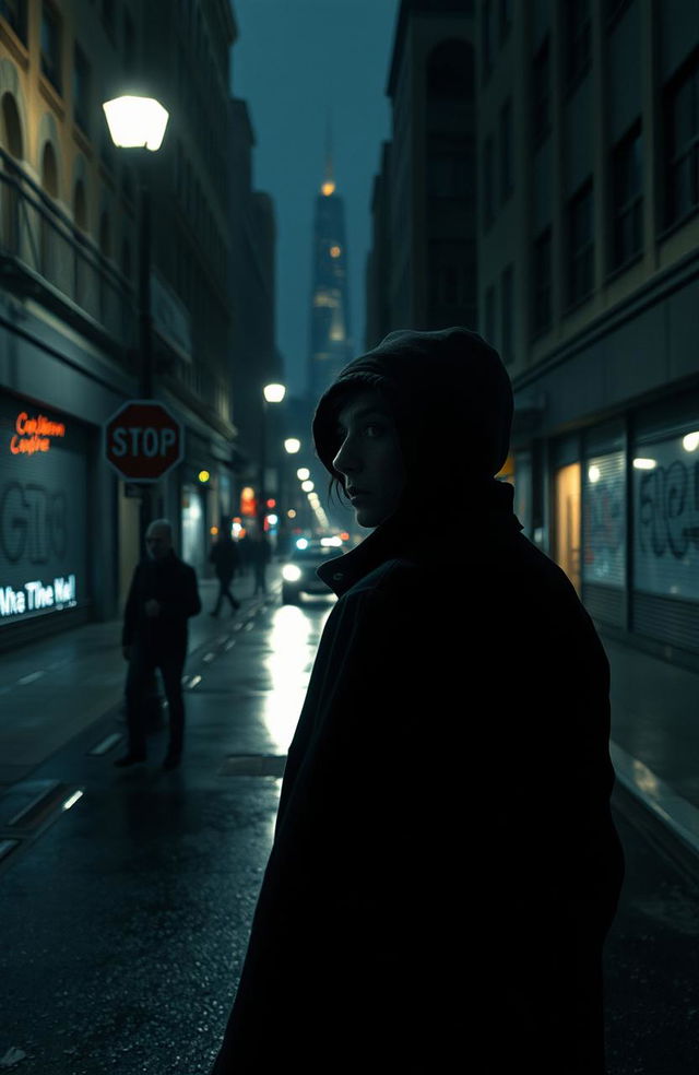 A suspenseful scene depicting a lurker in the shadows of a bustling city street at night, with dim street lamps casting long shadows