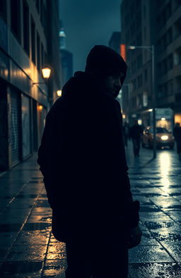 A suspenseful scene depicting a lurker in the shadows of a bustling city street at night, with dim street lamps casting long shadows