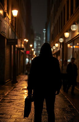 A suspenseful scene depicting a lurker in the shadows of a bustling city street at night, with dim street lamps casting long shadows