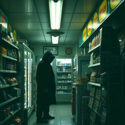 An intense scene inside a convenience store where a shadowy figure is seen lurking near the aisles, their intentions unclear