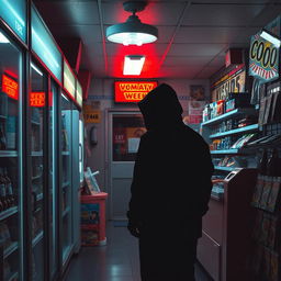 An intense scene inside a convenience store where a shadowy figure is seen lurking near the aisles, their intentions unclear
