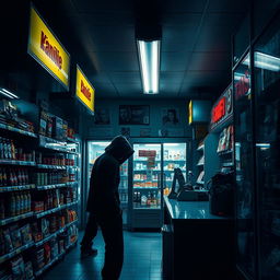 An intense scene inside a convenience store where a shadowy figure is seen lurking near the aisles, their intentions unclear