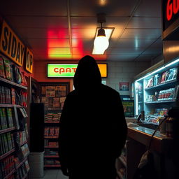 An intense scene inside a convenience store where a shadowy figure is seen lurking near the aisles, their intentions unclear