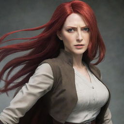 A commanding image of a middle-aged, short woman with vampire-like, pale skin and long, fiery red hair. She is stylishly clothed in the traditional attire of Attack on Titan, embodying an aura of strength and resilience.