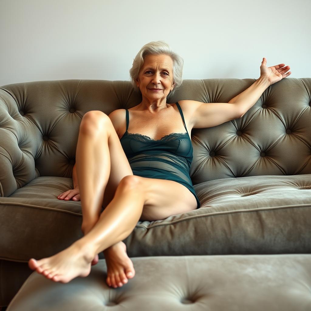 A woman in her mid-60s with gentle wrinkles lounges barefoot on a plush sofa, her body fully stretched out and beautifully adorned in dark green transparent lingerie