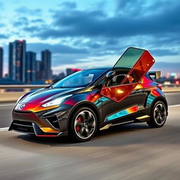 A compact sports car featuring unique plastic panels on the doors and an aggressive body kit, showcasing a sleek and modern design