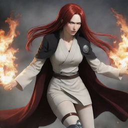 A commanding image of a middle-aged, short woman with vampire-like, pale skin and long, fiery red hair. She is stylishly clothed in the traditional attire of Attack on Titan, embodying an aura of strength and resilience.