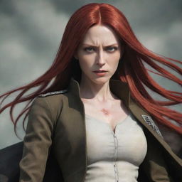 A commanding image of a middle-aged, short woman with vampire-like, pale skin and long, fiery red hair. She is stylishly clothed in the traditional attire of Attack on Titan, embodying an aura of strength and resilience.