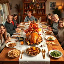 A warm and inviting Thanksgiving holiday dinner scene featuring a large wooden dining table beautifully set with a white tablecloth, golden utensils, and a stunning centerpiece of autumn leaves and miniature pumpkins