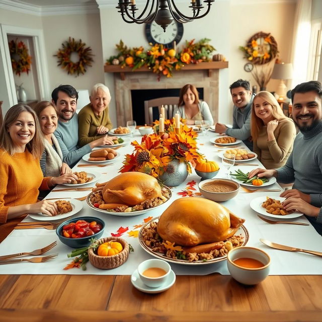 A warm and inviting Thanksgiving holiday dinner scene featuring a large wooden dining table beautifully set with a white tablecloth, golden utensils, and a stunning centerpiece of autumn leaves and miniature pumpkins