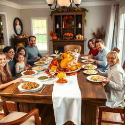 A warm and inviting Thanksgiving holiday dinner scene featuring a large wooden dining table beautifully set with a white tablecloth, golden utensils, and a stunning centerpiece of autumn leaves and miniature pumpkins