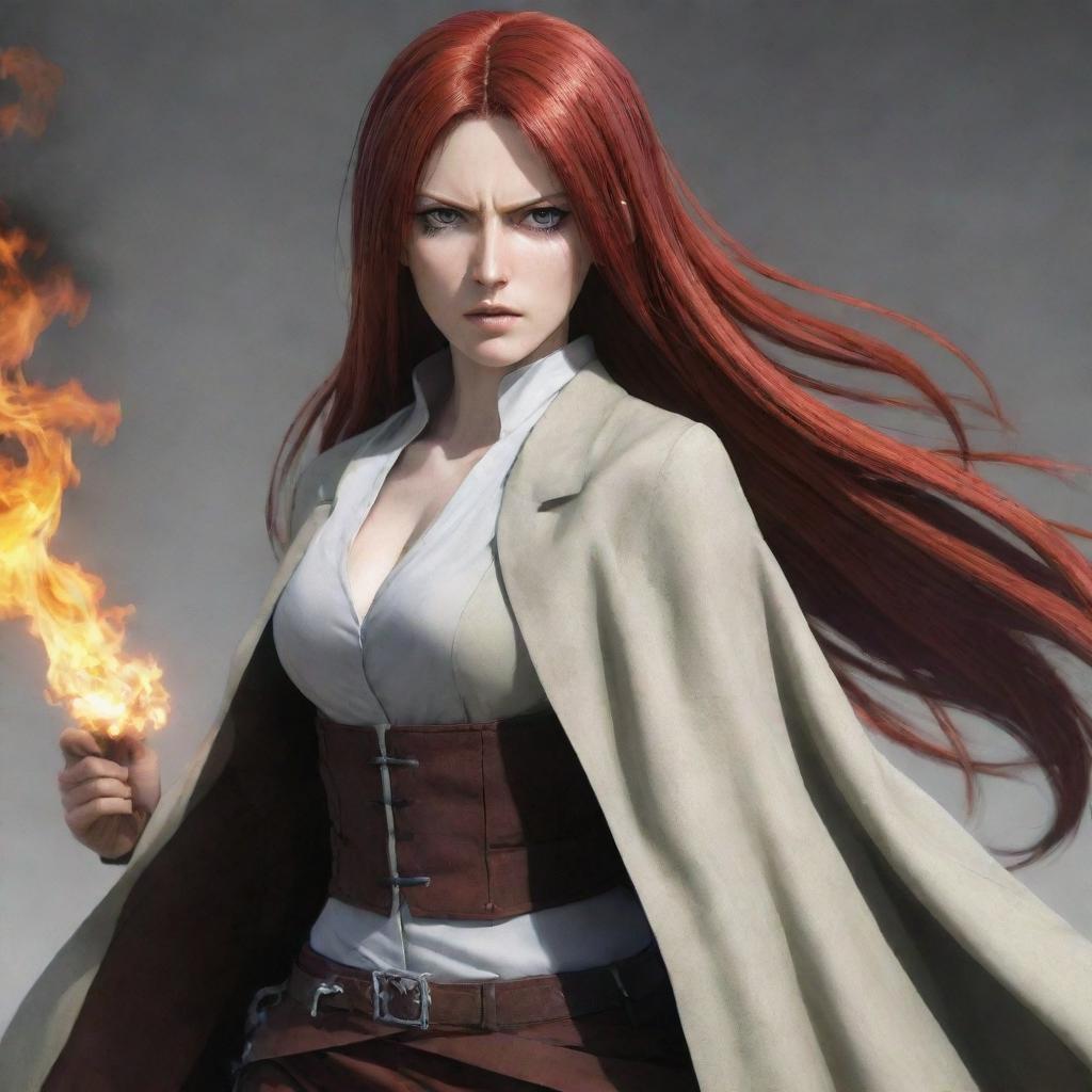 A commanding image of a middle-aged, short woman with vampire-like, pale skin and long, fiery red hair. She is stylishly clothed in the traditional attire of Attack on Titan, embodying an aura of strength and resilience.