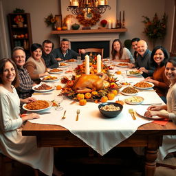 A warm and inviting Thanksgiving holiday dinner scene featuring a large wooden dining table beautifully set with a white tablecloth, golden utensils, and a stunning centerpiece of autumn leaves and miniature pumpkins