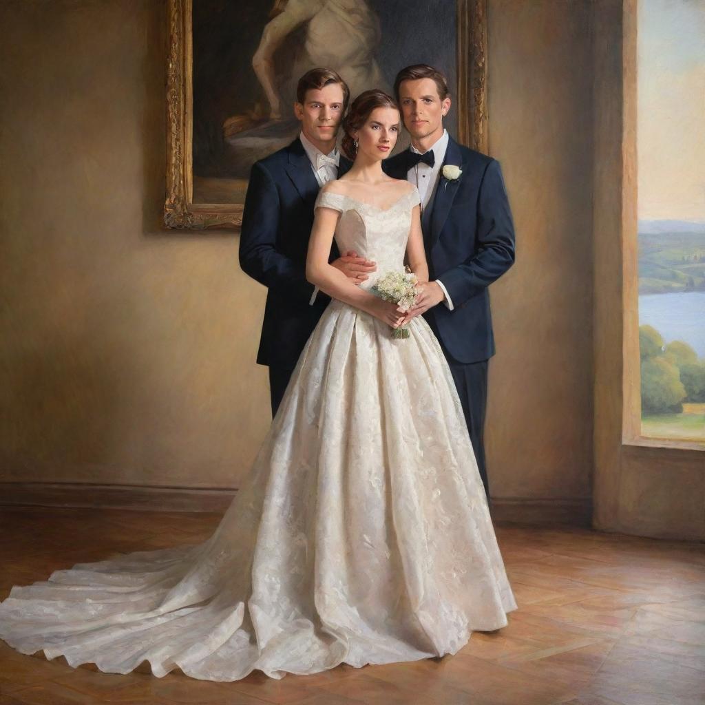 A newlywed couple beautifully clothed in classic fashion, posing against a picturesque background with radiant lighting, masterfully captured with the rich palette and brushwork typical of classical oil painting.