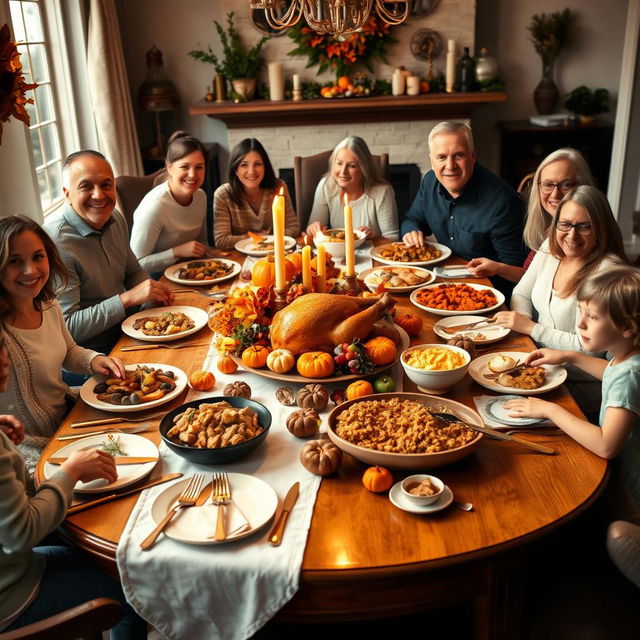 A warm and inviting Thanksgiving holiday dinner scene featuring a large wooden dining table beautifully set with a white tablecloth, golden utensils, and a stunning centerpiece of autumn leaves and miniature pumpkins