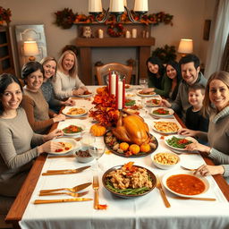 A warm and inviting Thanksgiving holiday dinner scene featuring a large wooden dining table beautifully set with a white tablecloth, golden utensils, and a stunning centerpiece of autumn leaves and miniature pumpkins