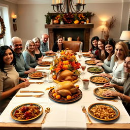 A warm and inviting Thanksgiving holiday dinner scene featuring a large wooden dining table beautifully set with a white tablecloth, golden utensils, and a stunning centerpiece of autumn leaves and miniature pumpkins