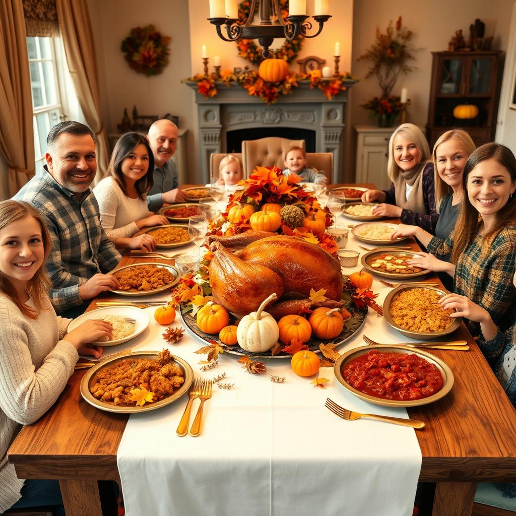 A warm and inviting Thanksgiving holiday dinner scene featuring a large wooden dining table beautifully set with a white tablecloth, golden utensils, and a stunning centerpiece of autumn leaves and miniature pumpkins