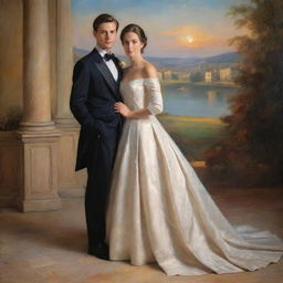 A newlywed couple beautifully clothed in classic fashion, posing against a picturesque background with radiant lighting, masterfully captured with the rich palette and brushwork typical of classical oil painting.