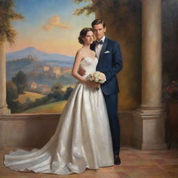 A newlywed couple beautifully clothed in classic fashion, posing against a picturesque background with radiant lighting, masterfully captured with the rich palette and brushwork typical of classical oil painting.