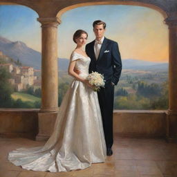 A newlywed couple beautifully clothed in classic fashion, posing against a picturesque background with radiant lighting, masterfully captured with the rich palette and brushwork typical of classical oil painting.