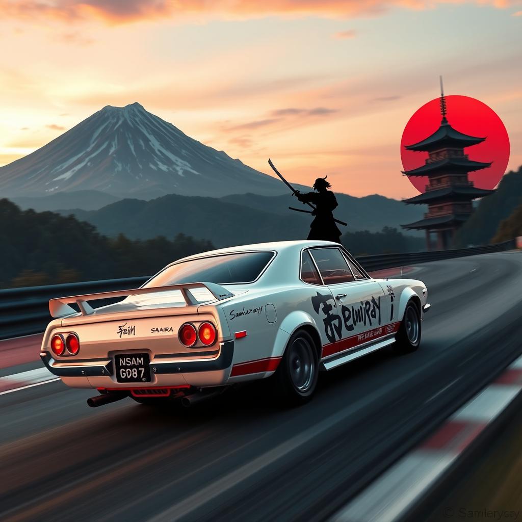 A 1971 Nissan Skyline GTR racing at high speed, painted in a crisp white color, navigating a serpentine track located at the foot of a majestic mountain during the evening