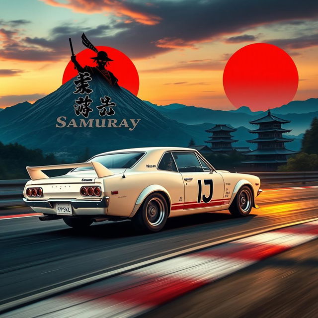 A 1971 Nissan Skyline GTR racing at high speed, painted in a crisp white color, navigating a serpentine track located at the foot of a majestic mountain during the evening