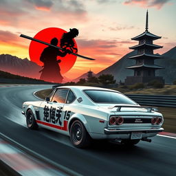 A 1971 Nissan Skyline GTR racing at high speed, painted in a crisp white color, navigating a serpentine track located at the foot of a majestic mountain during the evening