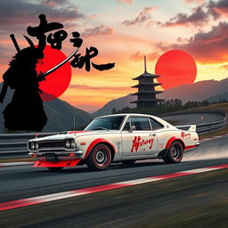 A 1971 Nissan Skyline GTR racing at high speed, painted in a crisp white color, navigating a serpentine track located at the foot of a majestic mountain during the evening