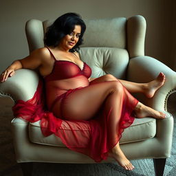 A curvy woman in her mid-60s with dark wavy hair and olive skin lies gracefully across a large lounge chair, adorned in luxurious rich red transparent lingerie