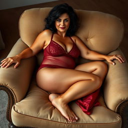 A curvy woman in her mid-60s with dark wavy hair and olive skin lies gracefully across a large lounge chair, adorned in luxurious rich red transparent lingerie