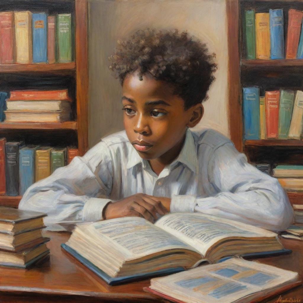 In the style of Claude Monet, illustrate an African American boy engrossed in studying. Surrounded by books, his face reflects a candour of curiosity and determination. The vibrant, impressionistic touches enhance the atmosphere of quiet, intellectual pursuit.