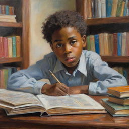 In the style of Claude Monet, illustrate an African American boy engrossed in studying. Surrounded by books, his face reflects a candour of curiosity and determination. The vibrant, impressionistic touches enhance the atmosphere of quiet, intellectual pursuit.