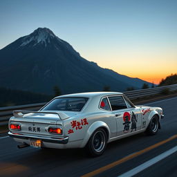 A 1971 Nissan Skyline GTR racing at high speed, painted in a sleek white color, skillfully maneuvering a serpentine track at the foot of a grand mountain during the evening