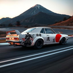 A 1971 Nissan Skyline GTR racing at high speed, painted in a sleek white color, skillfully maneuvering a serpentine track at the foot of a grand mountain during the evening