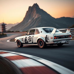 A 1971 Nissan Skyline GTR racing at high speed, painted in a sleek white color, skillfully maneuvering a serpentine track at the foot of a grand mountain during the evening