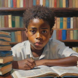 In the style of Claude Monet, illustrate an African American boy engrossed in studying. Surrounded by books, his face reflects a candour of curiosity and determination. The vibrant, impressionistic touches enhance the atmosphere of quiet, intellectual pursuit.