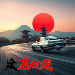 A dynamic scene featuring a 1971 Nissan Skyline GTR racing at high speed on a serpentine track located at the foot of a majestic mountain during the evening