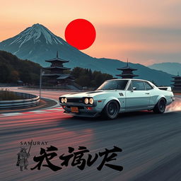 A dynamic scene featuring a 1971 Nissan Skyline GTR racing at high speed on a serpentine track located at the foot of a majestic mountain during the evening