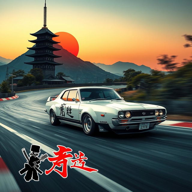 A dynamic scene featuring a 1971 Nissan Skyline GTR racing at high speed on a serpentine track located at the foot of a majestic mountain during the evening