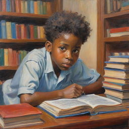 In the style of Claude Monet, illustrate an African American boy engrossed in studying. Surrounded by books, his face reflects a candour of curiosity and determination. The vibrant, impressionistic touches enhance the atmosphere of quiet, intellectual pursuit.