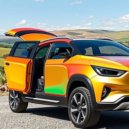 A large compact car featuring unique plastic panels on the doors and an extended family body kit