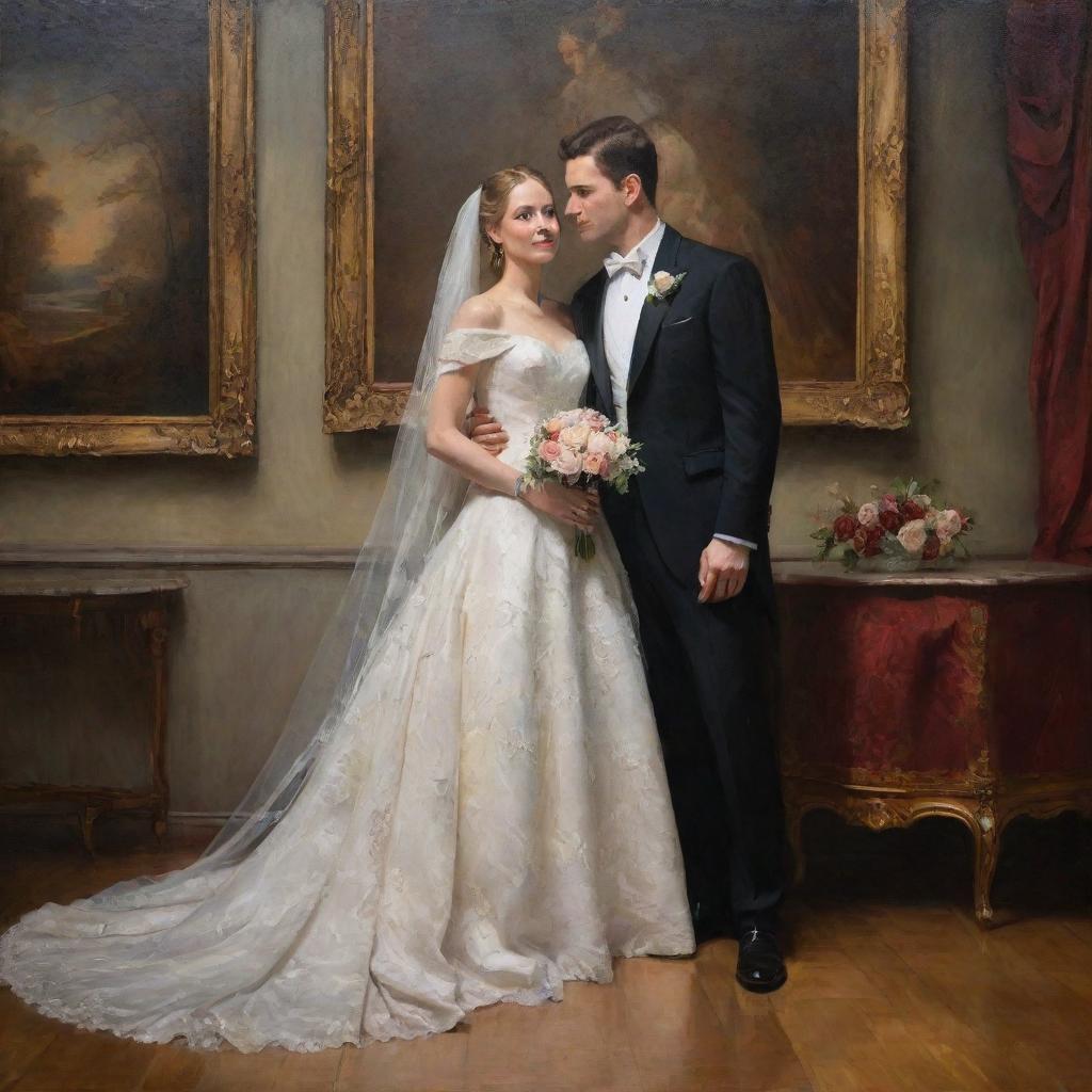 A newlywed couple elegantly dressed, posing in a romantic setting, highlighted with the textural depth, rich color palette, and skilled brushwork characteristic of a classical oil painting.