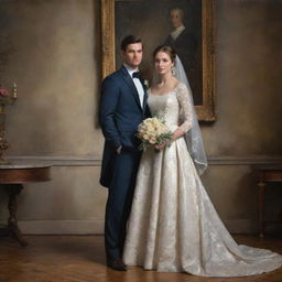 A newlywed couple elegantly dressed, posing in a romantic setting, highlighted with the textural depth, rich color palette, and skilled brushwork characteristic of a classical oil painting.